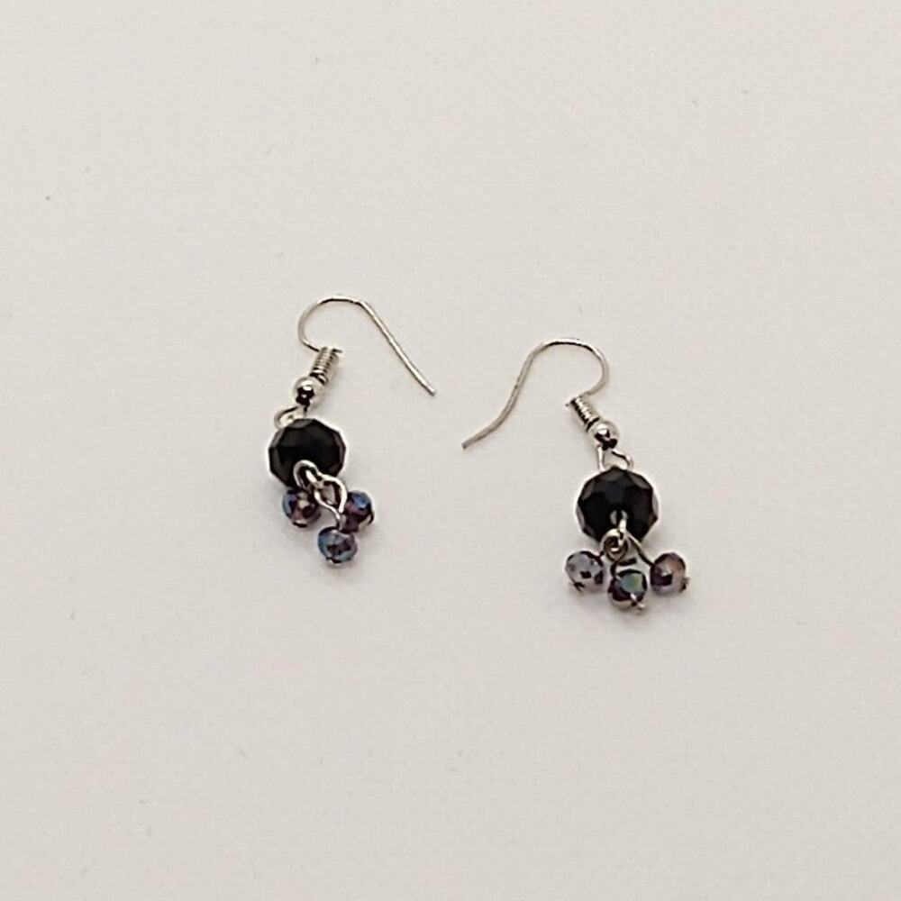 Dangle Cluster Earrings Silver/Jet/Smoky AB Beads Fishhook Ear Wires Handmade